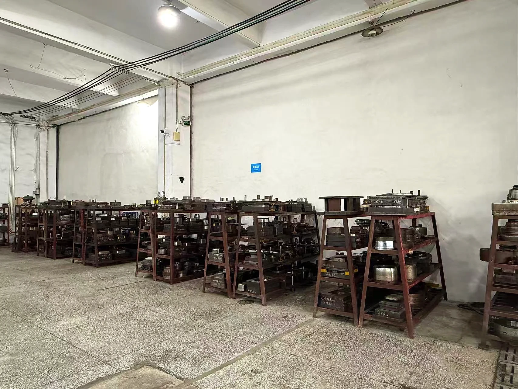 Organized tooling storage racks inside the factory